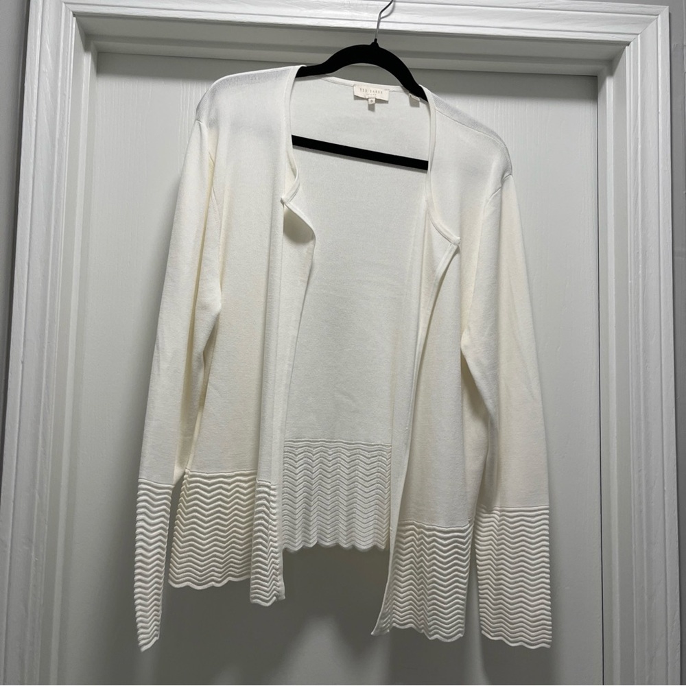 Ted Baker London Women Size 5 (US 10-12) White Open Front Long Cardigan Viscose